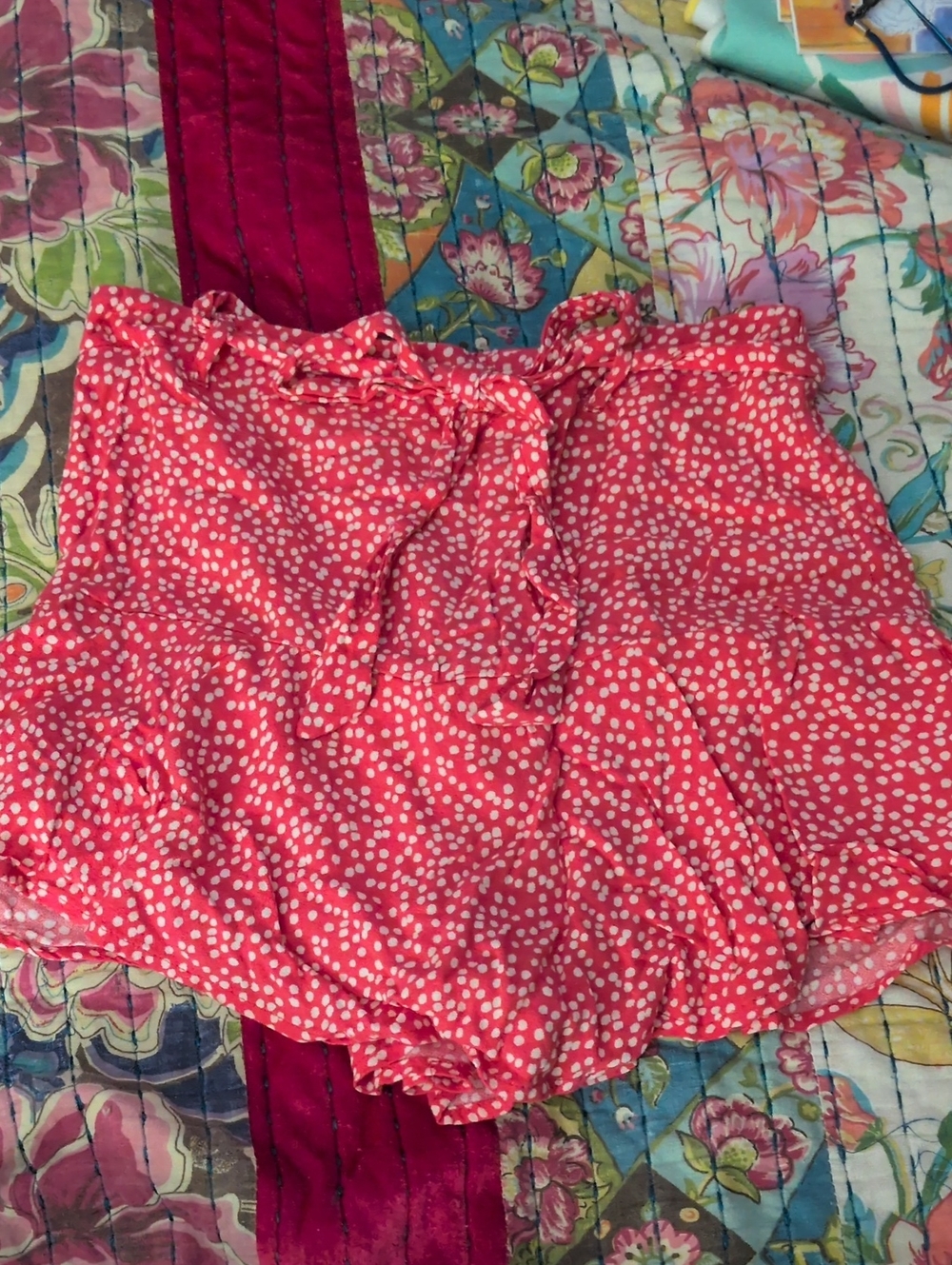 URBAN Romantics Coral Pink Dot Tie-Front Ruffle Skort
